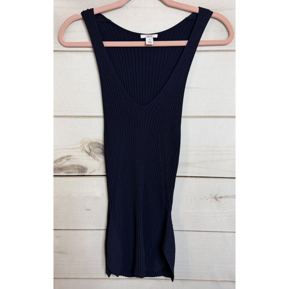 Lewit Navy Blue Ribbed Knit V-Neck Tank Top Sleeveless Viscose Blend Medium